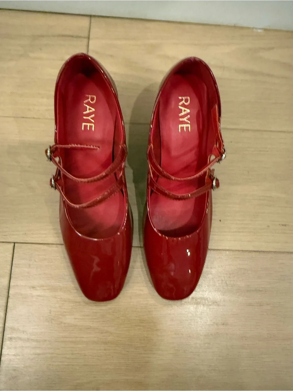 RAYE Cherry Red Patent Double-Strap Mary Jane Heels